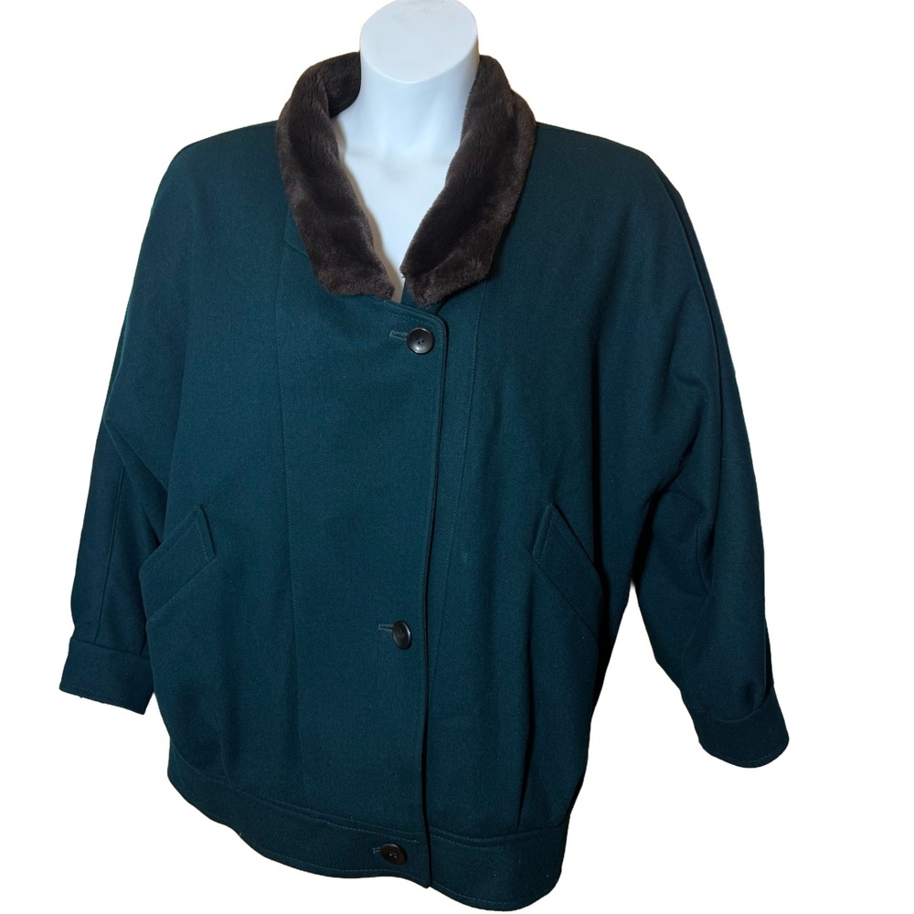 Vtg International Scene Wool Jacket Fur Collar Teal Green Blouson Sz 8/10 80s